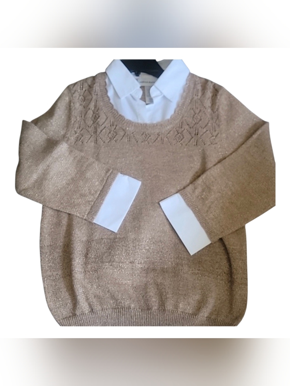 Alfred Dunner Gold Sparkle Beige White Collared Sweater - Small